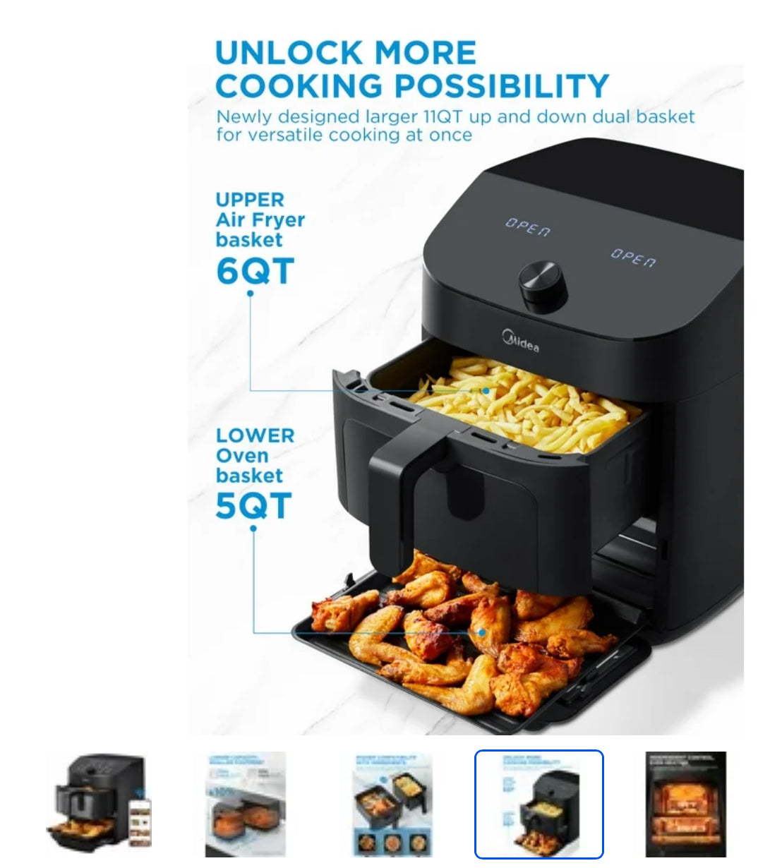 Midea Dual Basket Air Fryer Oven 11 Quart 8 in 1 Functions.